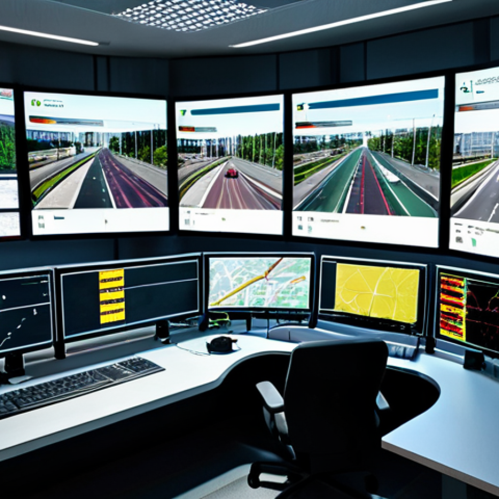 "A modern, intelligent traffic control center in Berlin, Germany. Displays showing real-time traffic data, optimized routes, and dynamic traffic light adjustments. Professional setting, fully clothed operators monitoring screens. Appropriate content, safe for work, perfect anatomy, natural proportions, high resolution, professional."