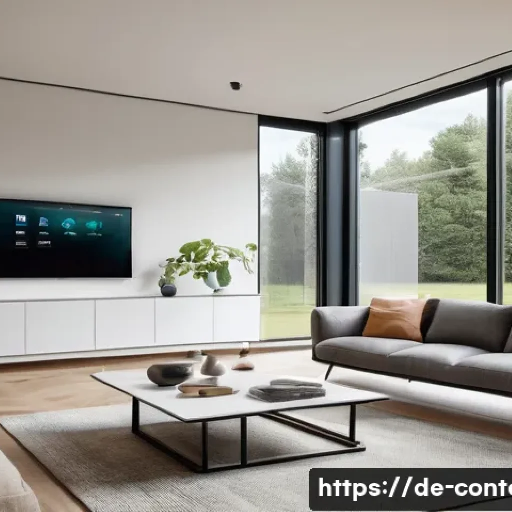 AI와 IoT 융합 사례 - A modern German smart home interior featuring automated control systems: sleek, minimalist living ro...