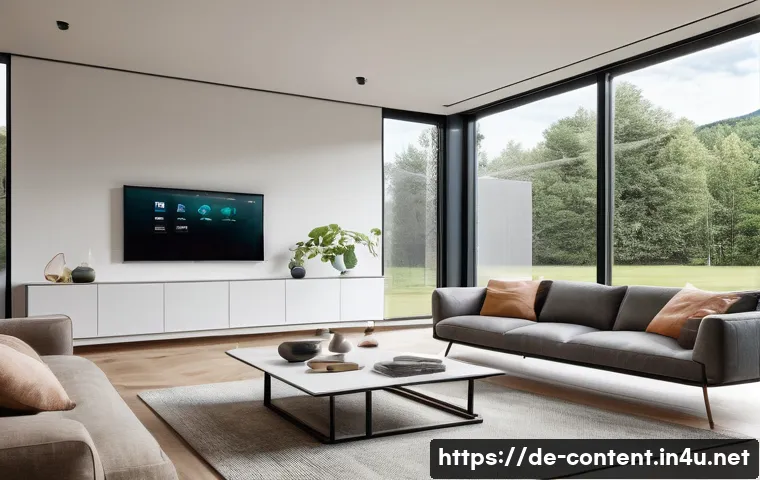 AI와 IoT 융합 사례 - A modern German smart home interior featuring automated control systems: sleek, minimalist living ro...