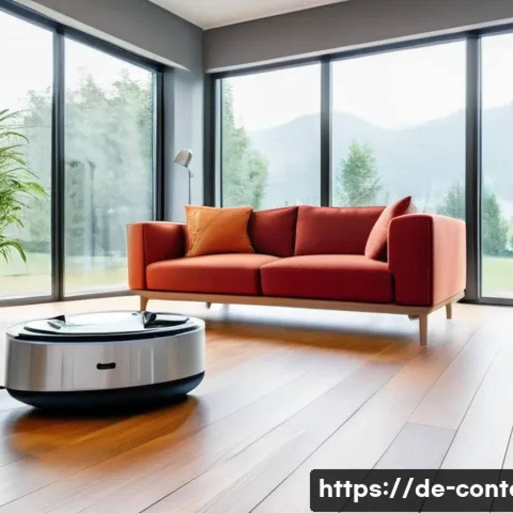 로봇공학과 AI - A modern German living room featuring a sleek, high-tech smart vacuum cleaner robot autonomously cle...