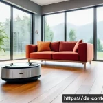 Home 18 로봇공학과 AI - A modern German living room featuring a sleek, high-tech smart vacuum cleaner robot autonomously cle...