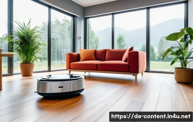 로봇공학과 AI - A modern German living room featuring a sleek, high-tech smart vacuum cleaner robot autonomously cle...
