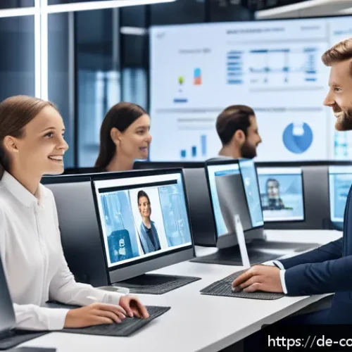 AI 기반 고객 서비스 자동화 - A modern German customer service office environment showing a diverse team of professional employees...