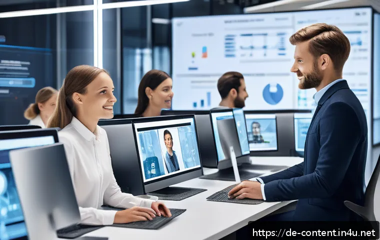 AI 기반 고객 서비스 자동화 - A modern German customer service office environment showing a diverse team of professional employees...