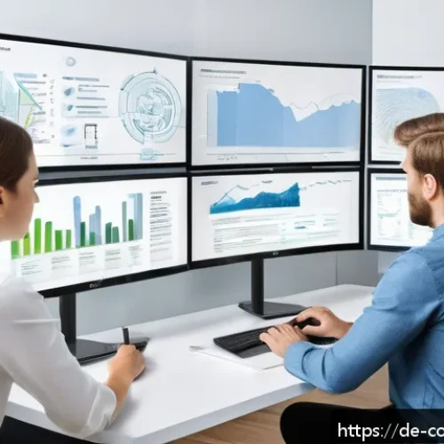 AI 기반 SEO 최적화 - A modern digital marketing office scene in Germany, showcasing a diverse team of professionals analy...