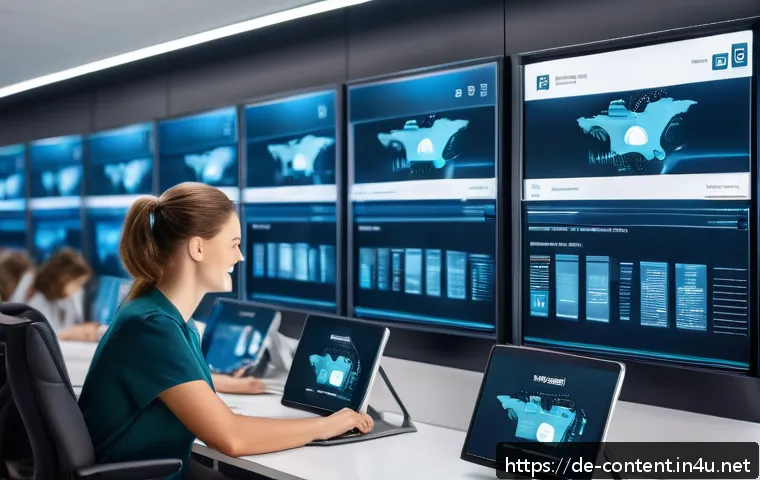 AI 챗봇 비즈니스 적용 - A modern customer service center in Germany at night, with a sleek AI chatbot interface glowing on m...